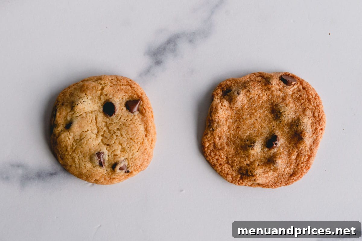 The Scoop on Room Temperature Butter 3 A thick chocolate chip cookie and thin, crispy chocolate chip cookies side by side.