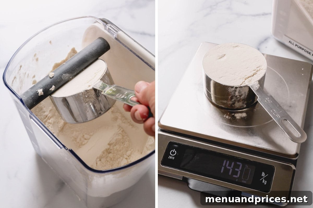 Mastering Accurate Flour Measurement 3 Side by side images illustrating the difference between scooping flour directly into a measuring cup versus properly measuring it.
