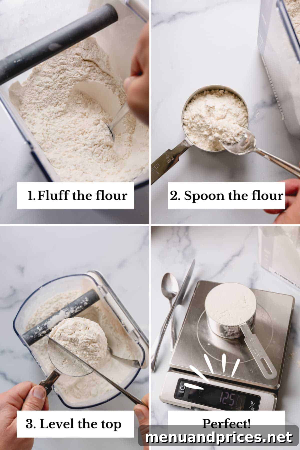 Mastering Accurate Flour Measurement 5 A four-image collage demonstrating the step-by-step process of measuring flour using the spoon and level method, from fluffing to leveling.