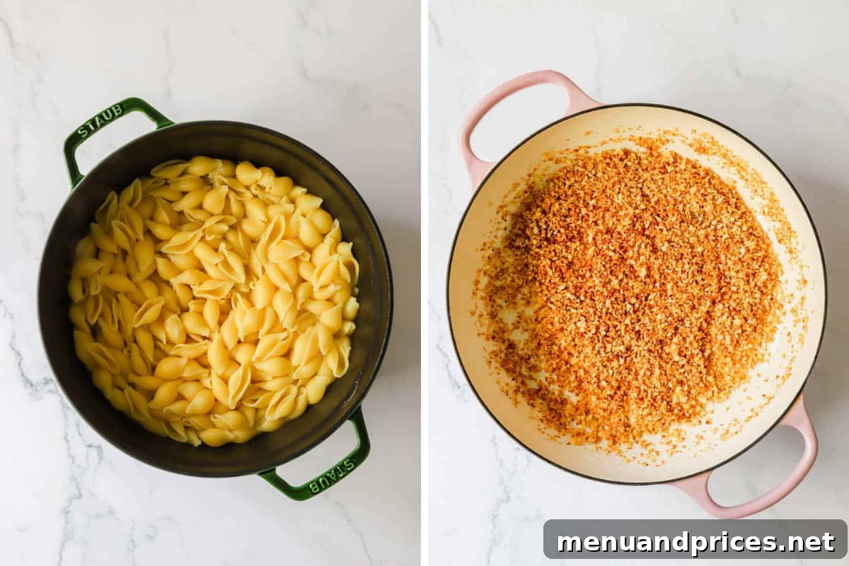 Effortless Brown Butter Pasta 5 Two images showing perfectly cooked pasta shells and golden-brown toasted panko breadcrumbs.