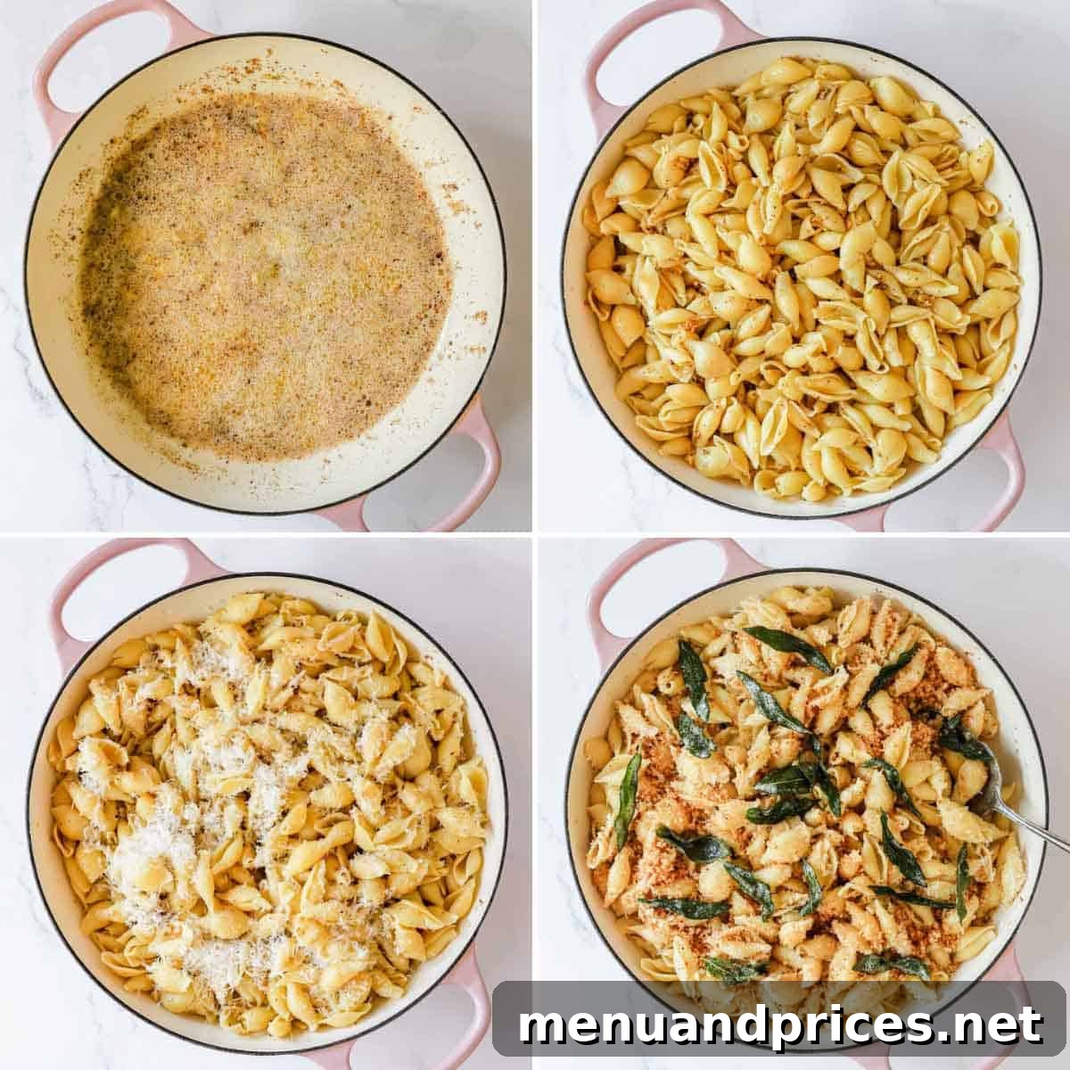 Effortless Brown Butter Pasta 7 Four images detailing the final steps to create the brown butter pasta: adding garlic, tossing with pasta, mixing with cheese and sage, and topping with breadcrumbs.