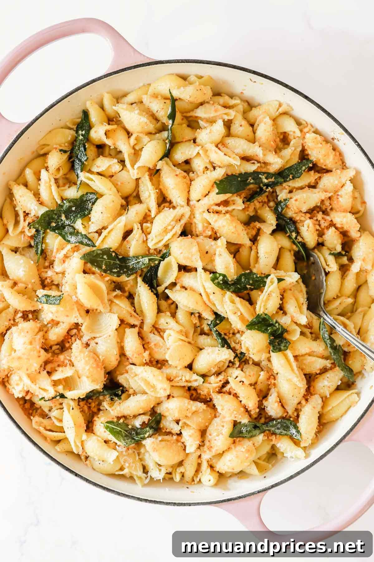 Effortless Brown Butter Pasta 8 Overhead image of a large pot of brown butter pasta, ready to be served.