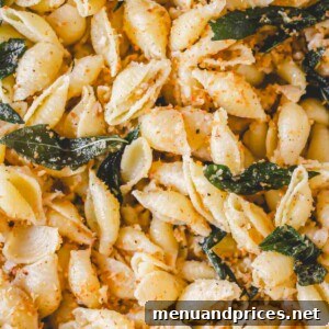 Close up image of brown butter pasta with sage and breadcrumbs.
