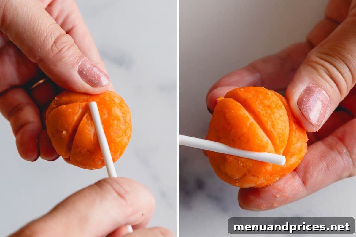 Two images showing the step-by-step process of creating grooves in an orange cake pop ball to resemble a pumpkin.