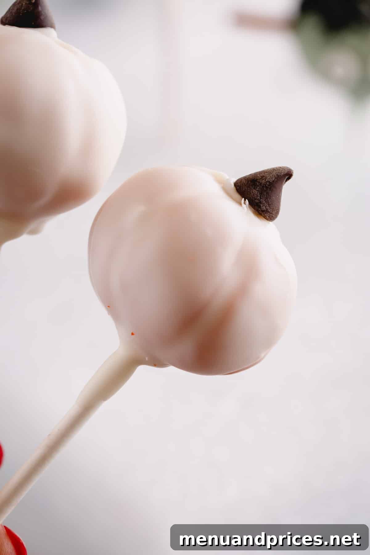 A pristine white pumpkin cake pop, beautifully topped with a tiny mini chocolate chip as its stem.