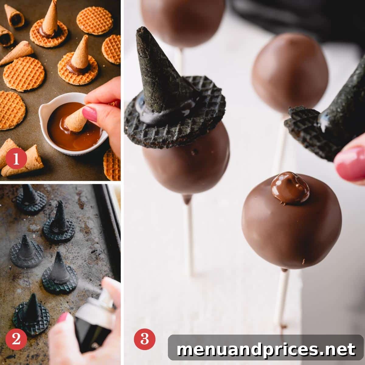 Three sequential images demonstrating the assembly process of chocolate cake pops adorned with witches' hats.