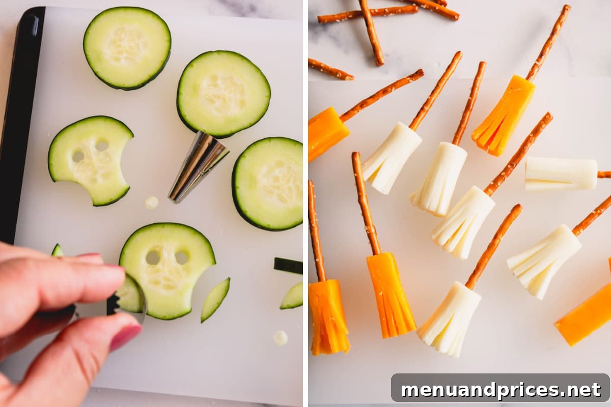 A visual guide showing the steps for crafting cucumber skulls and cheese broomsticks.