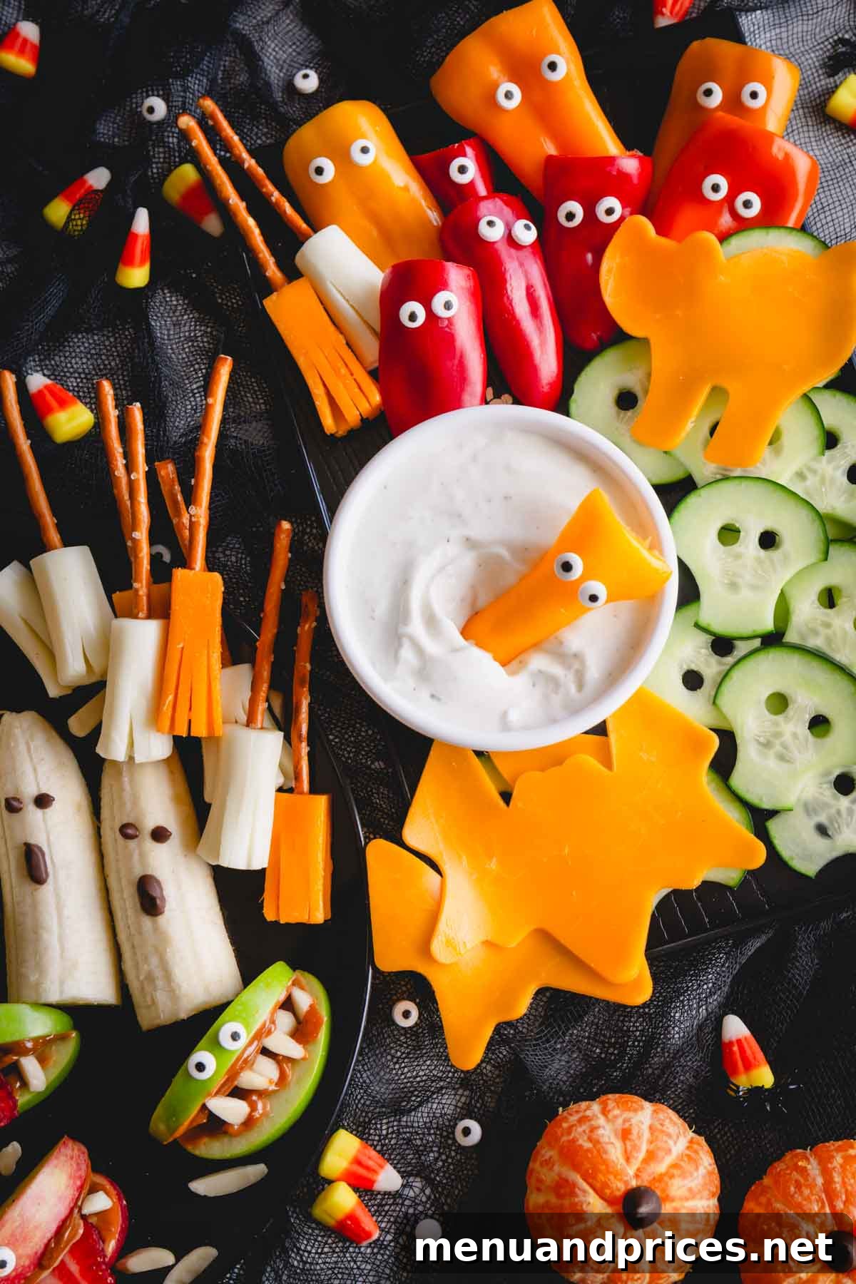 Another overhead image showcasing the full healthy Halloween snack board for kids, ready to be enjoyed.