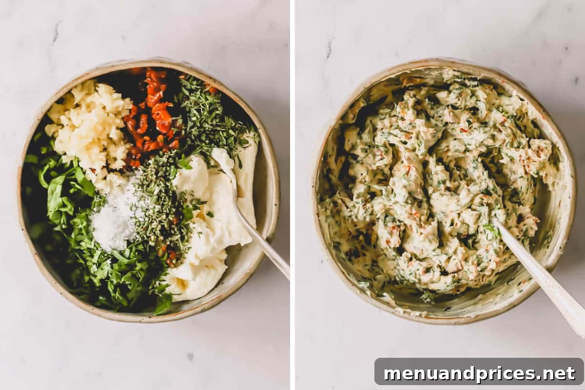 Two images showing the process of mixing the creamy, herb-rich filling for stuffed turkey breast in a bowl.