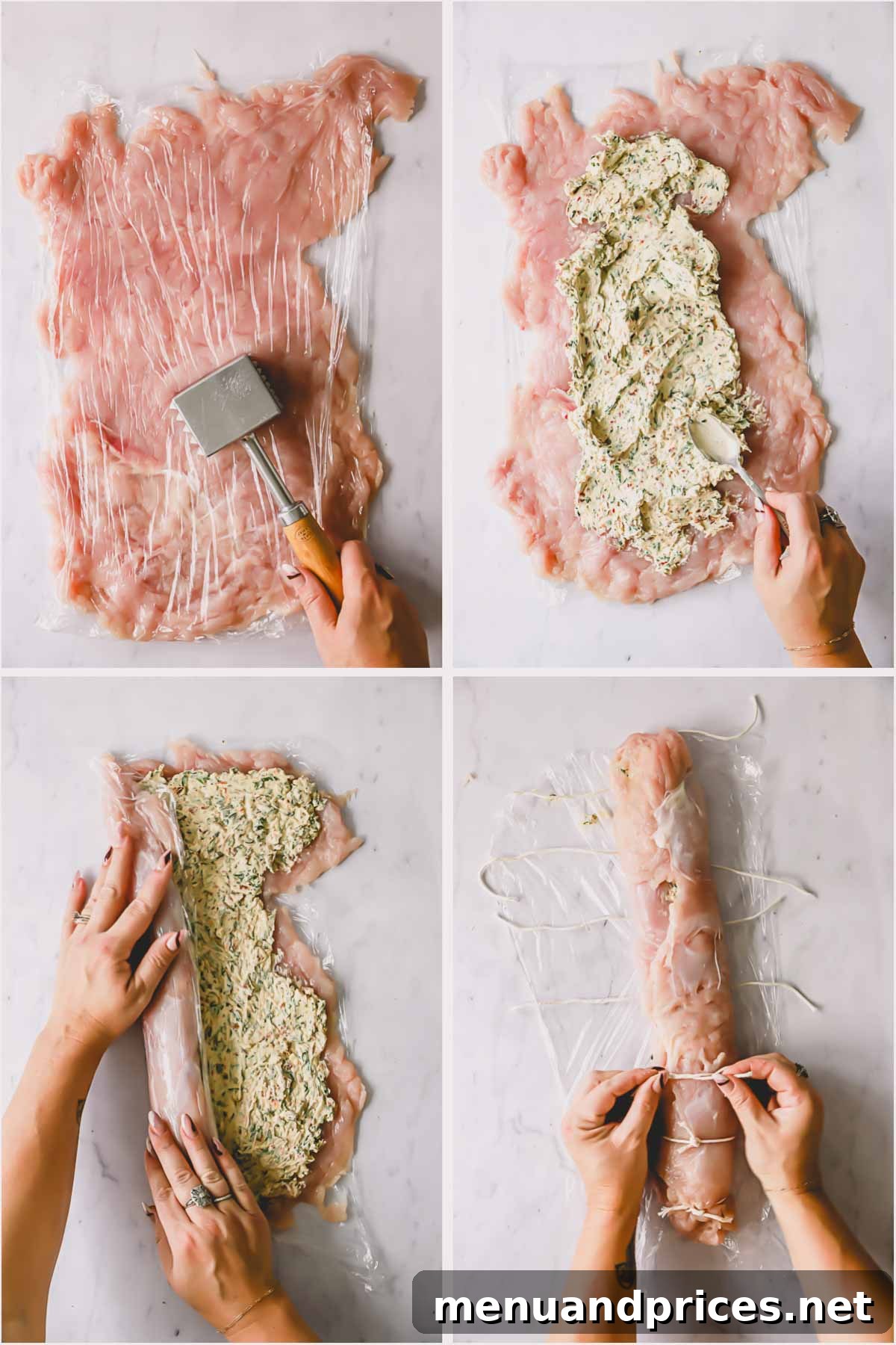Four images demonstrating the process of butterflying, pounding, stuffing, and rolling a turkey breast.