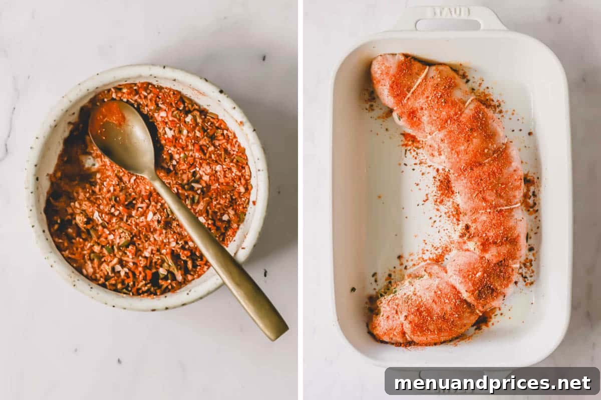 Two images showing a rolled, stuffed turkey breast being seasoned with a dry rub in a baking dish.