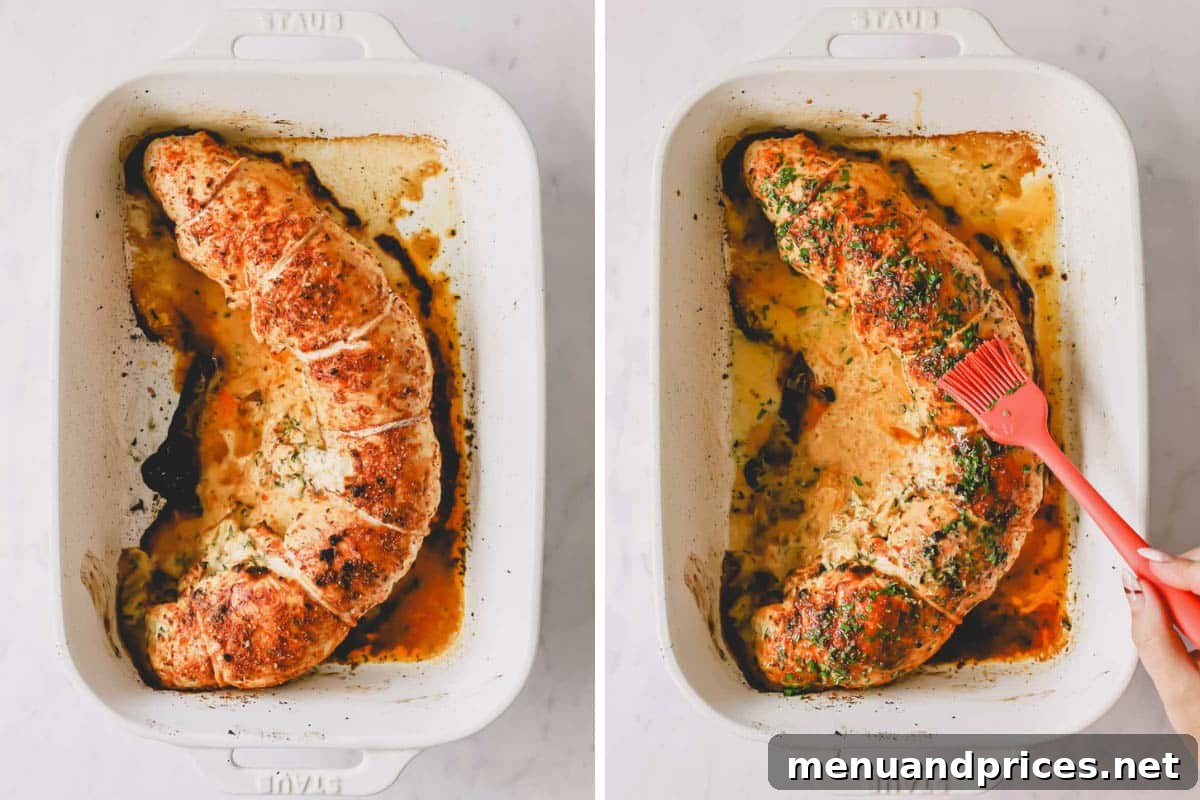Two images showcasing a beautifully baked stuffed turkey breast being brushed with fresh herb butter.