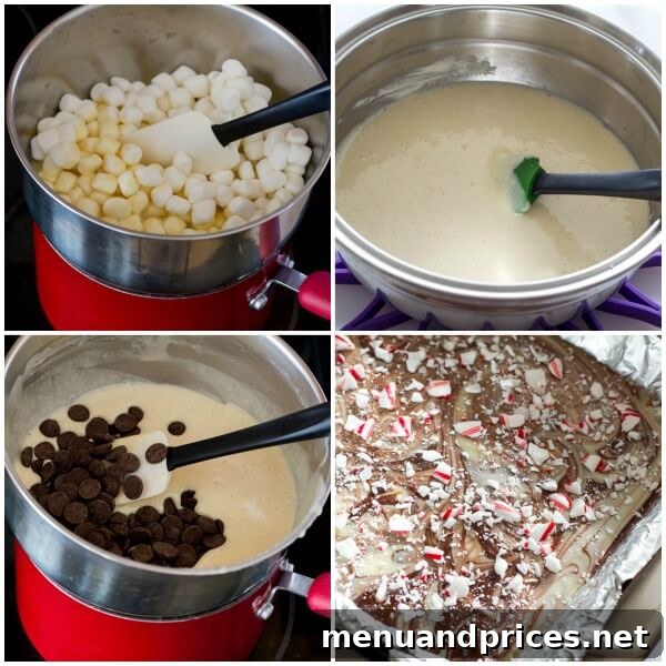 Festive Double Chocolate Peppermint Fudge 3 Detailed step-by-step process of making double chocolate peppermint fudge with distinct layers and swirls.