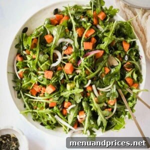 Overhead image of a sweet potato salad in a serving bowl.