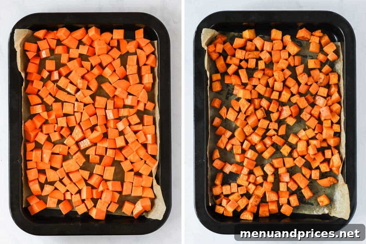 Creamy Sweet Potato Delight 5 Two sequential images illustrating the simple process of tossing and spreading sweet potato cubes on a baking sheet before roasting.
