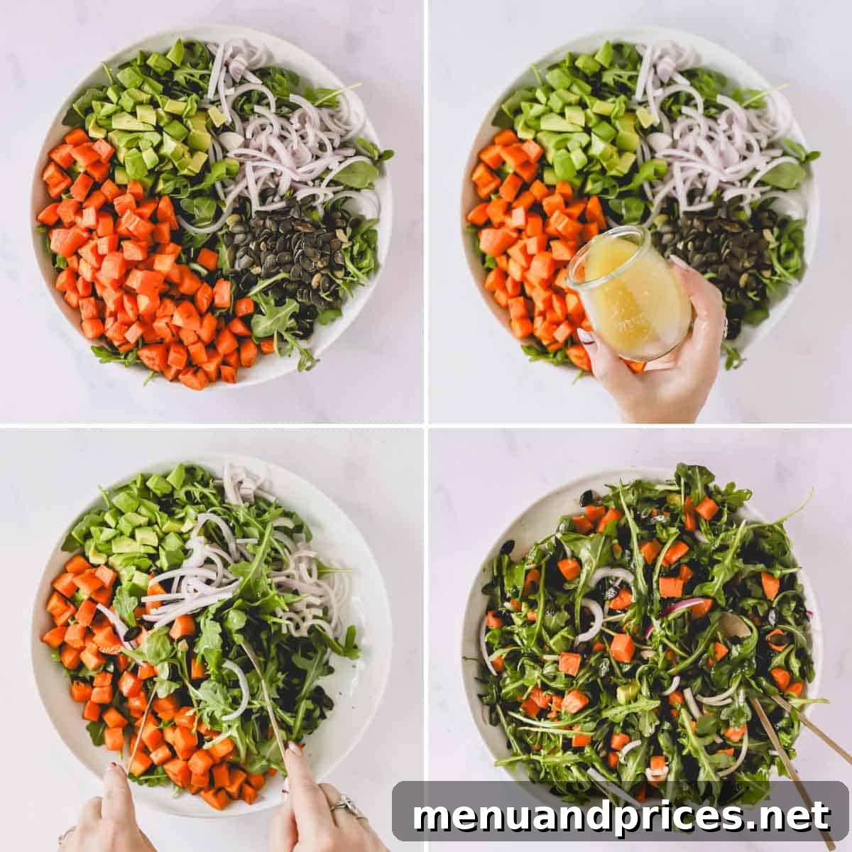 Creamy Sweet Potato Delight 7 Four sequential images demonstrating the methodical process of assembling and dressing a sweet potato salad, from combining ingredients to the final toss.