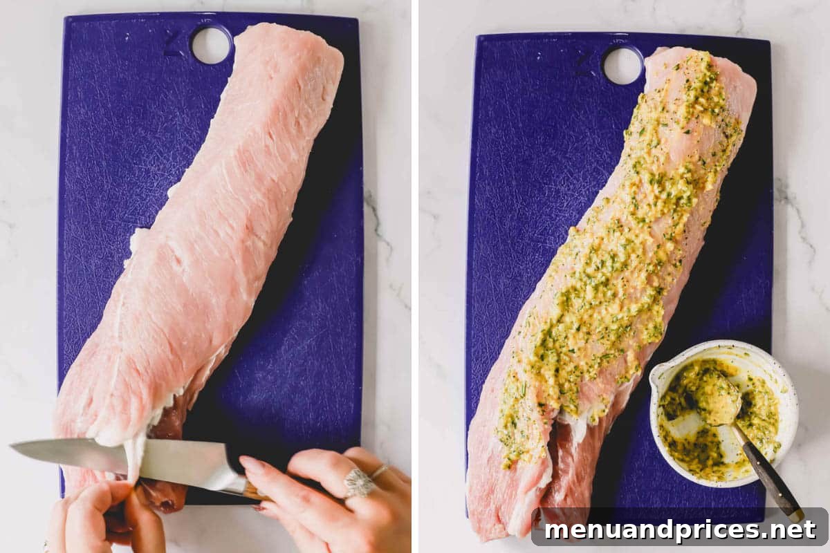 The Ultimate Bacon-Wrapped Pork Tenderloin 6 Two images demonstrating the removal of silver skin from pork and the application of the herb rub.