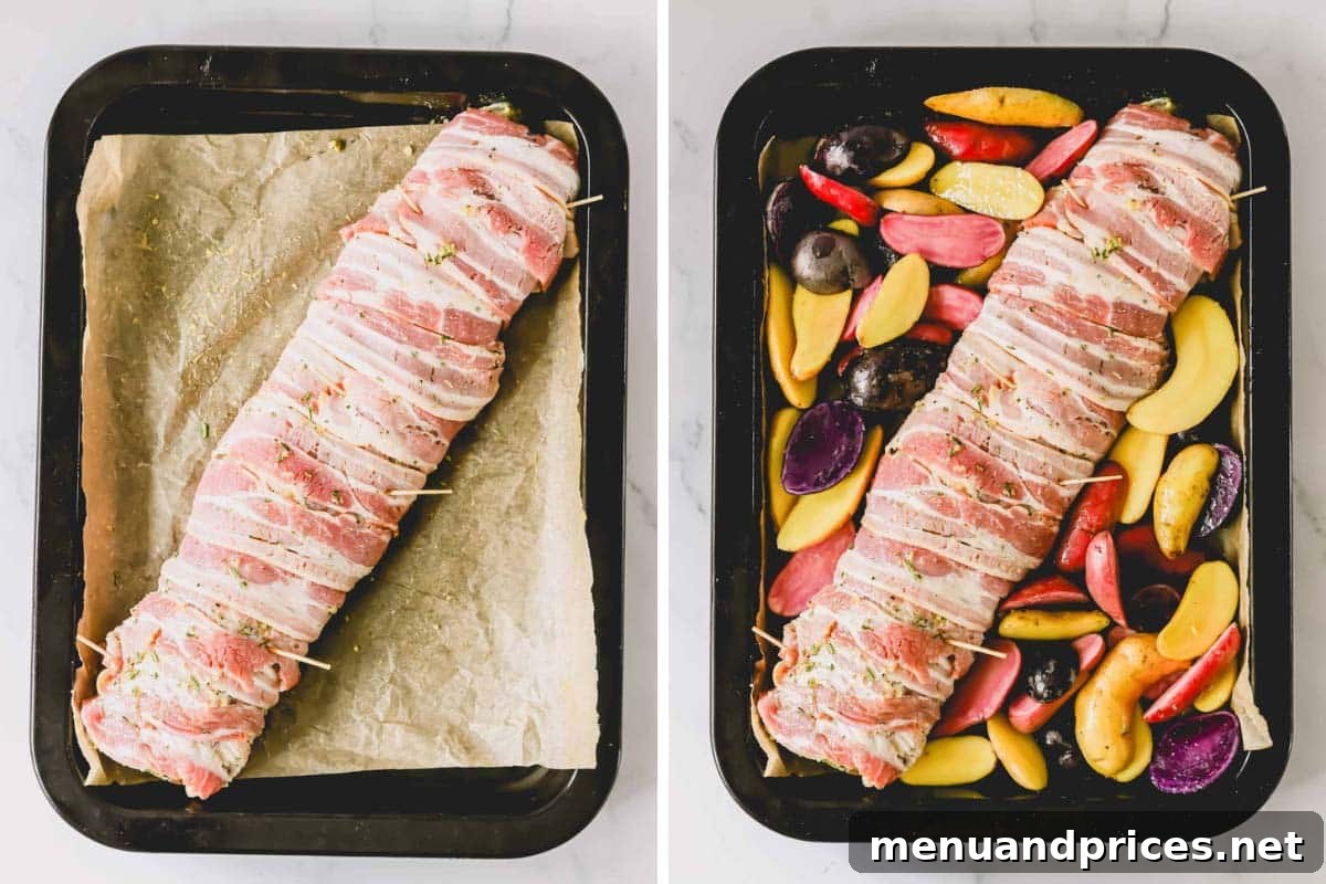 The Ultimate Bacon-Wrapped Pork Tenderloin 7 Two images showing a bacon wrapped pork tenderloin ready for roasting with potatoes nearby.