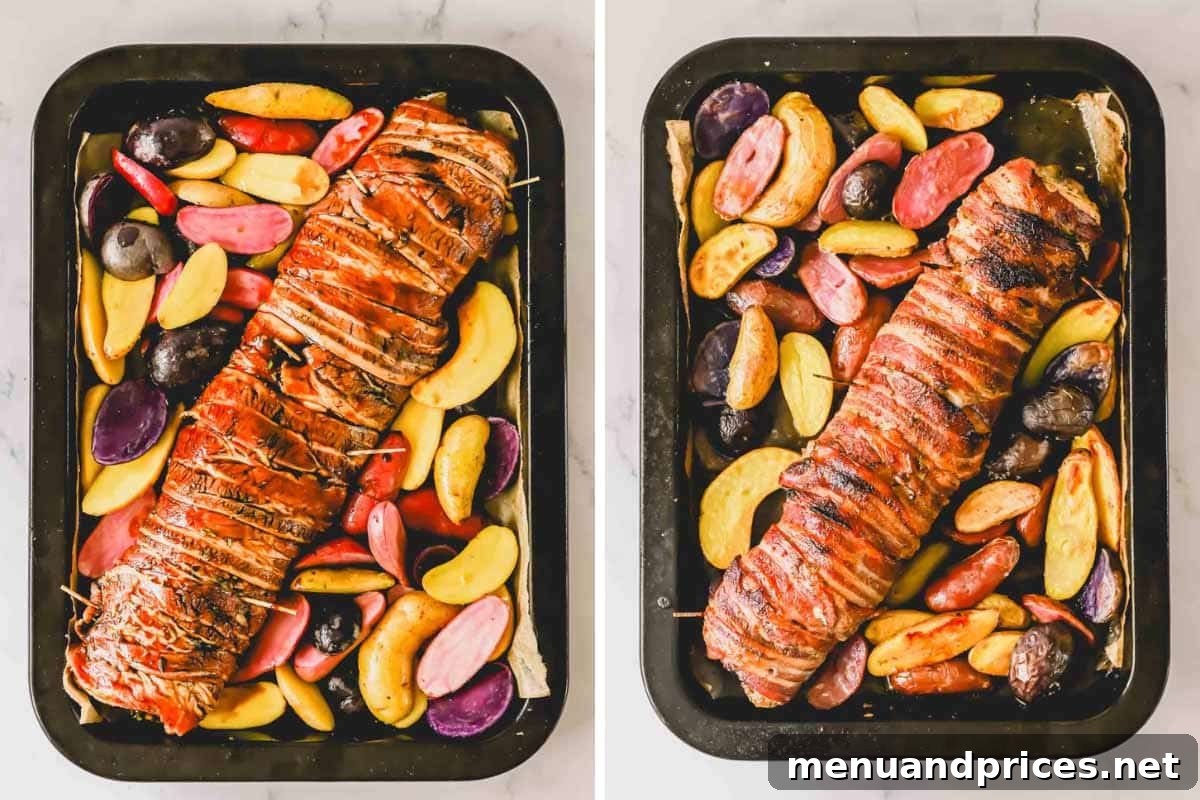 The Ultimate Bacon-Wrapped Pork Tenderloin 8 Two images showing a baked bacon wrapped pork tenderloin with roasted potatoes.