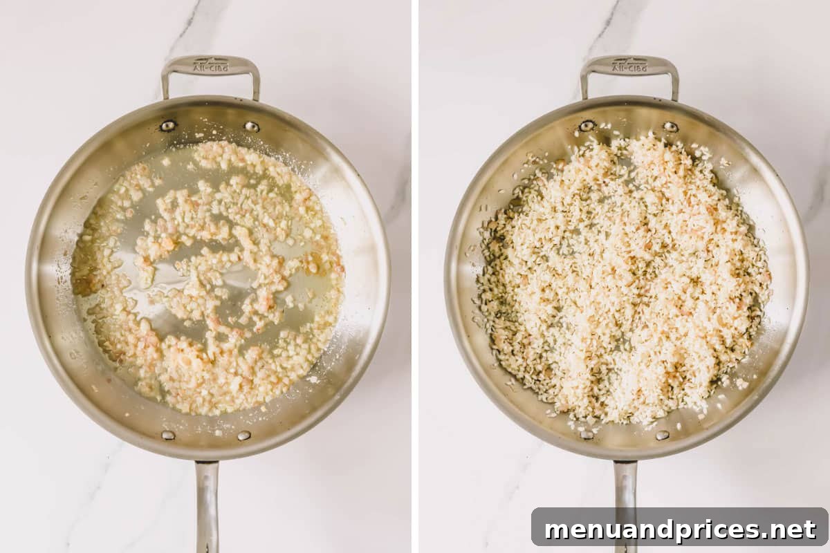 Express Golden Saffron Risotto 5 On the left, garlic sautéeing in butter and broth; on the right, Arborio rice added to the pan with aromatics.