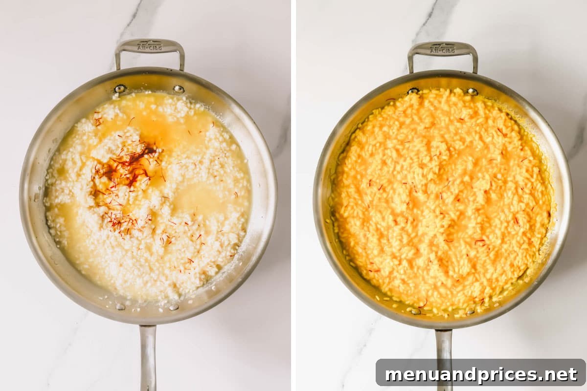 Express Golden Saffron Risotto 6 On the left, uncooked saffron risotto in a pan; on the right, fully cooked golden saffron risotto in the same pan.
