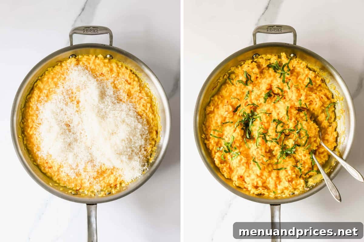 Express Golden Saffron Risotto 7 On the left, freshly grated Parmesan cheese being added to saffron risotto in a pan; on the right, saffron risotto ready to serve with fresh herbs.