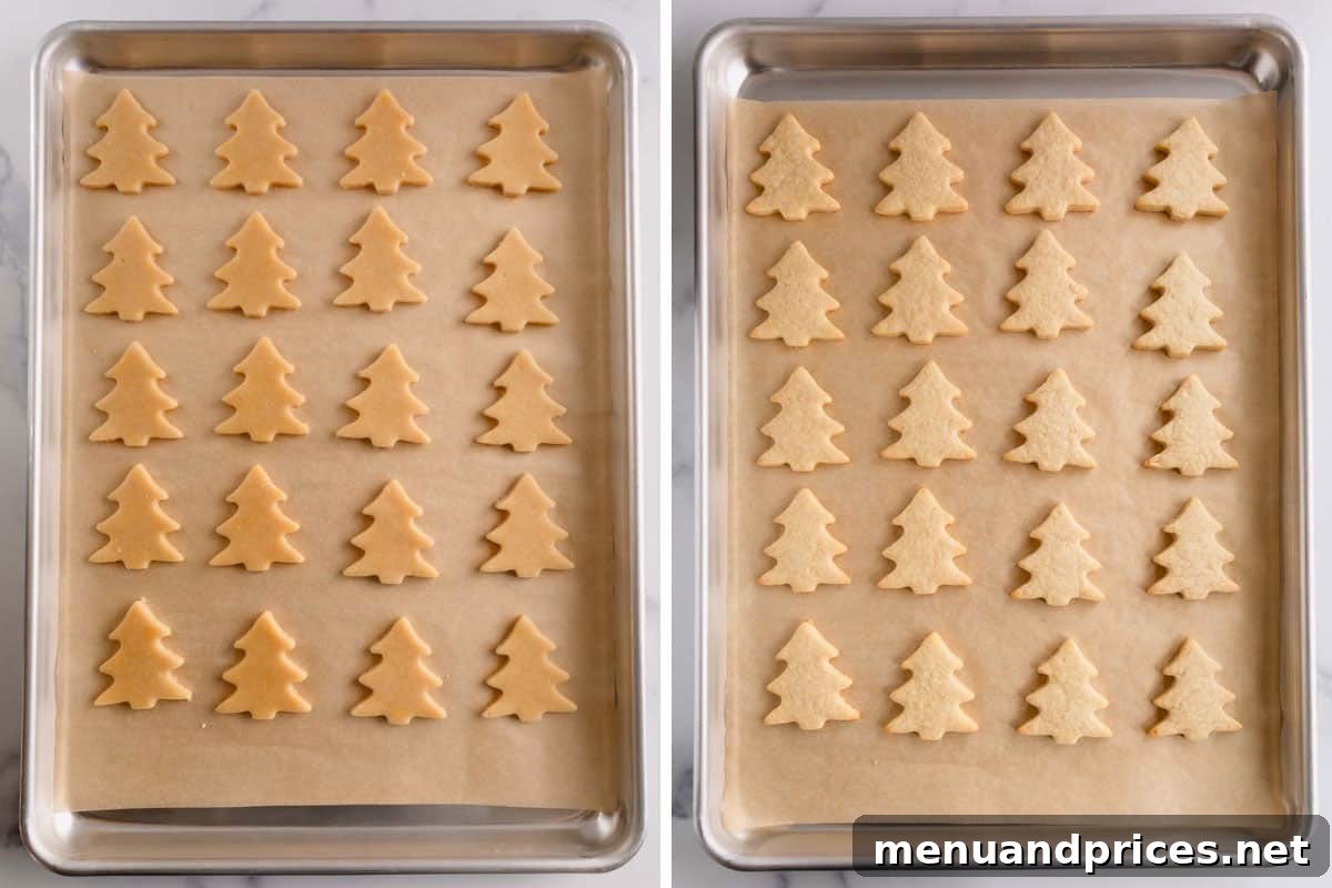 Festive Frosted Delights 7 Two baking sheets featuring both baked and unbaked Christmas sugar cookies in the shape of charming Christmas trees.