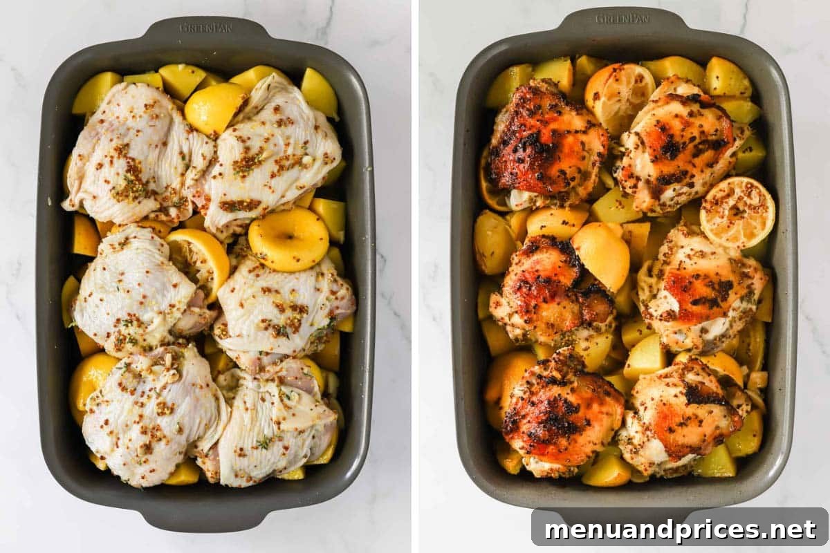A two-panel image showing the Greek lemon chicken and potatoes dish before baking and after, with the chicken skin perfectly browned and crispy.