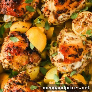 Greek lemon chicken and potatoes topped with fresh herbs.