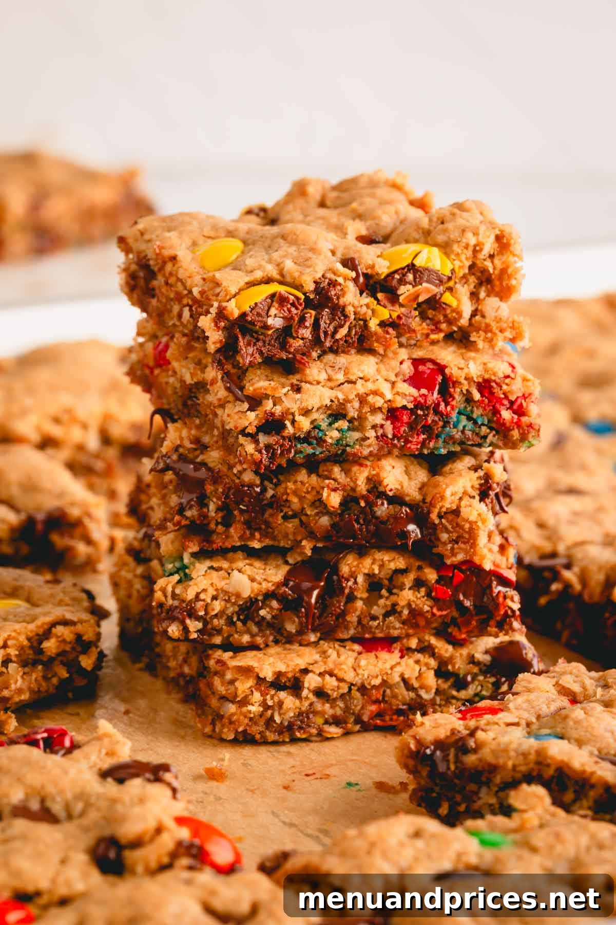 Kitchen Sink Cookie Squares 3 A beautifully arranged stack of five golden-brown monster cookie bars, showcasing their inviting texture.