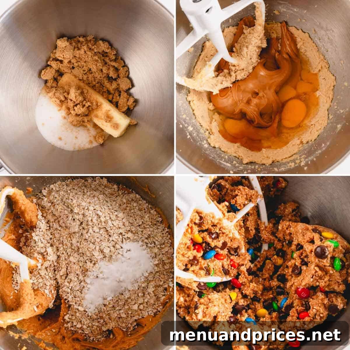 Kitchen Sink Cookie Squares 5 A four-panel image illustrating the sequential steps of mixing ingredients to form the monster cookie bar dough.