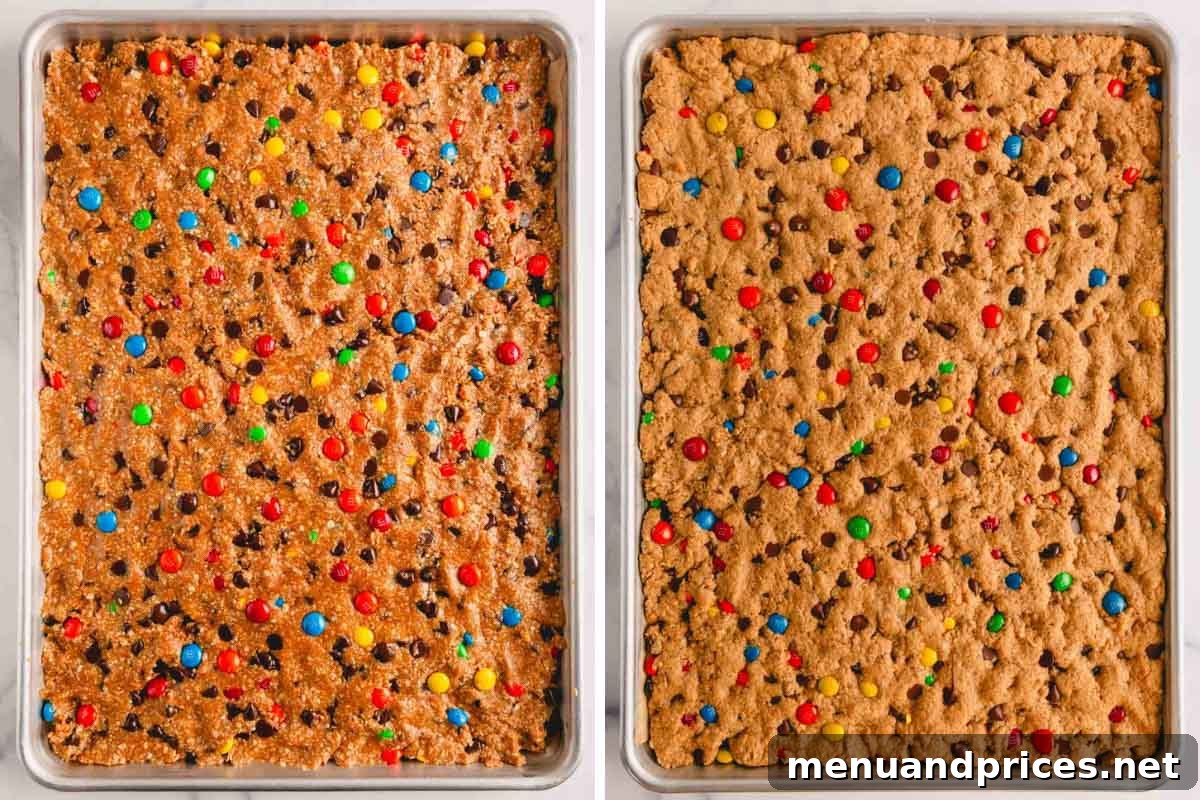 Kitchen Sink Cookie Squares 6 A side-by-side comparison of unbaked monster cookie bar dough in a pan versus the golden-brown, perfectly baked bars.