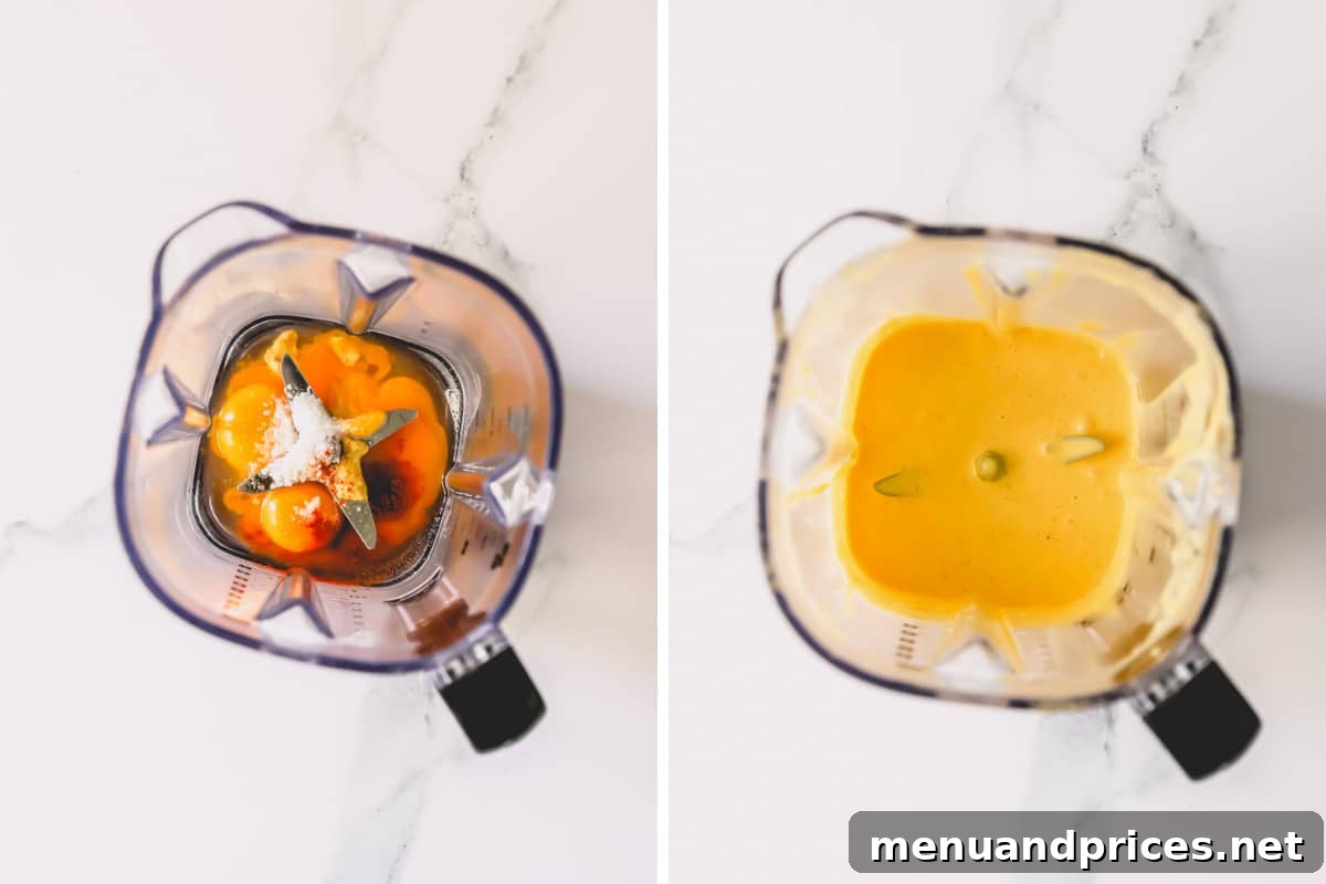 The Ultimate Eggs Benedict with Handcrafted Hollandaise 5 Two images demonstrating the step-by-step process of making blender hollandaise sauce: blending the egg yolk mixture and slowly pouring in melted butter.