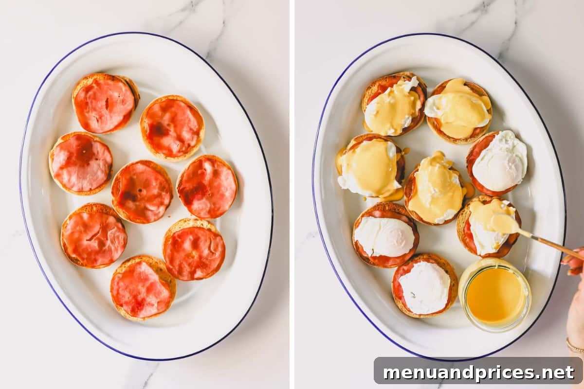 The Ultimate Eggs Benedict with Handcrafted Hollandaise 8 A series of images showing the assembly of Eggs Benedict: English muffins with Canadian bacon, then topped with poached eggs, and finally drizzled with hollandaise sauce.