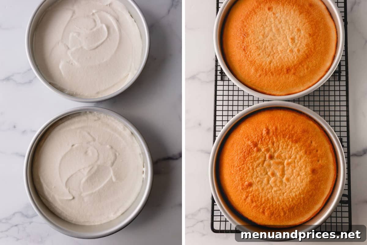 Fluffy White Cake Perfection 12 Two white cakes side-by-side: one unbaked with smooth batter, the other freshly baked to a golden perfection.