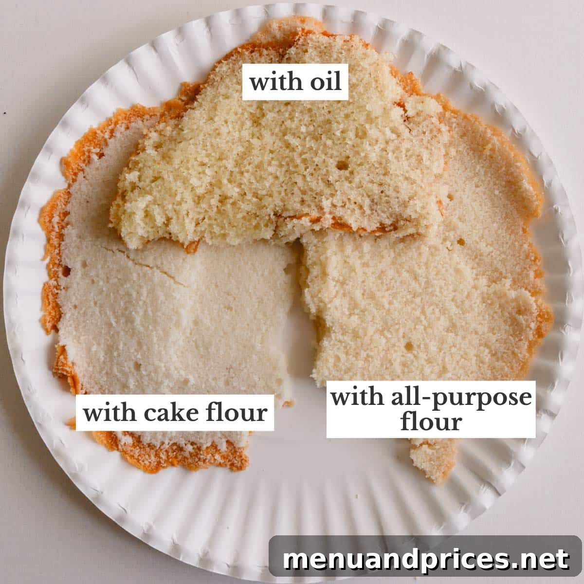 Fluffy White Cake Perfection 3 Comparison of cake textures made with cake flour, oil, and all-purpose flour, highlighting the superior crumb from cake flour.