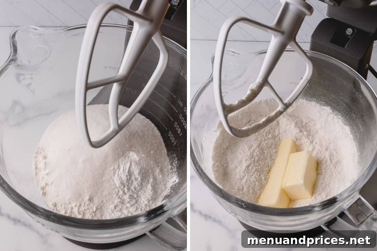 Fluffy White Cake Perfection 7 The process of integrating butter into dry ingredients using the reverse creaming method, resulting in a sandy texture.