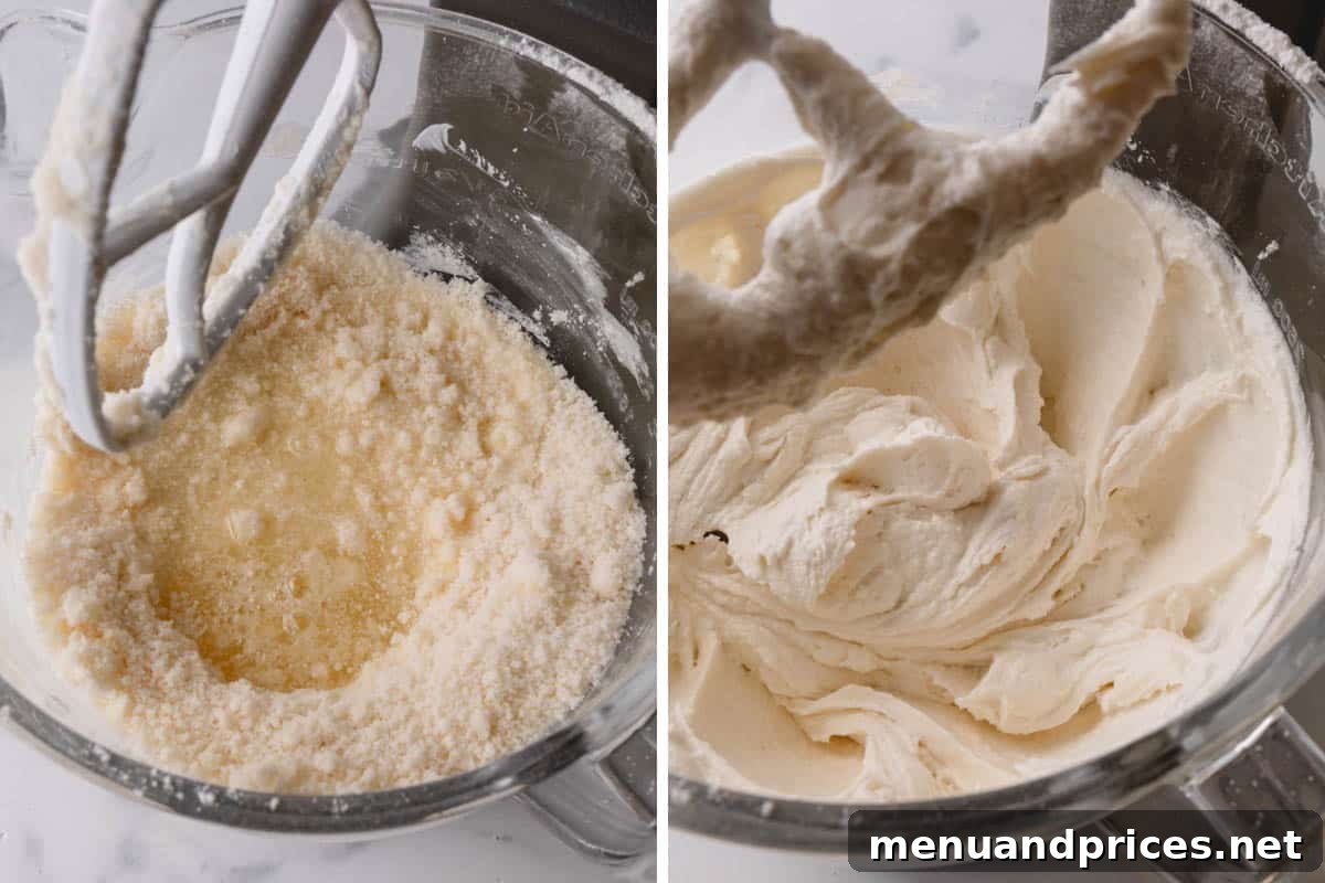 Fluffy White Cake Perfection 9 The wet and dry ingredients for the cake batter being carefully mixed together to form a smooth consistency.