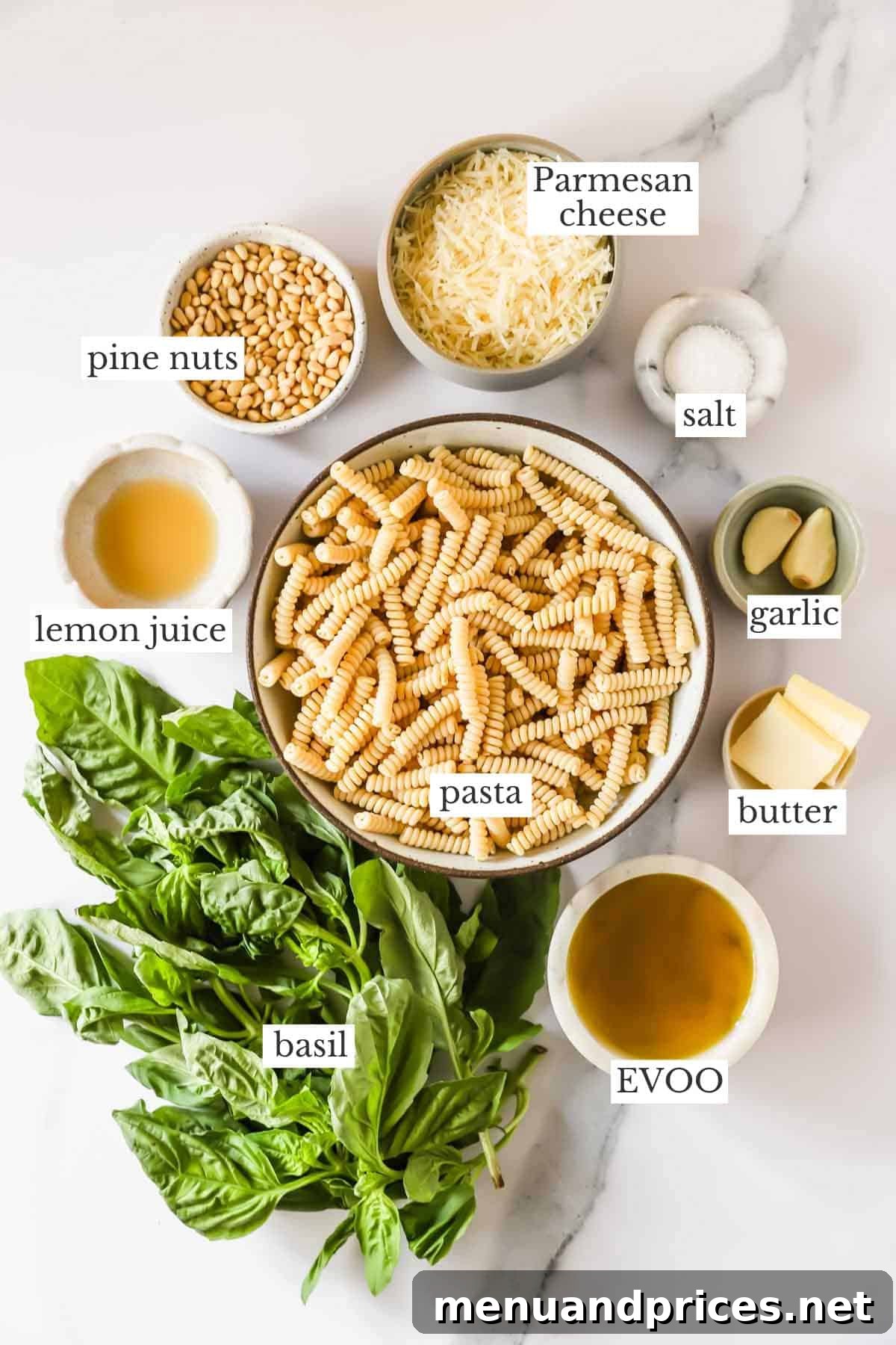 Ingredients to make basil pesto pasta.