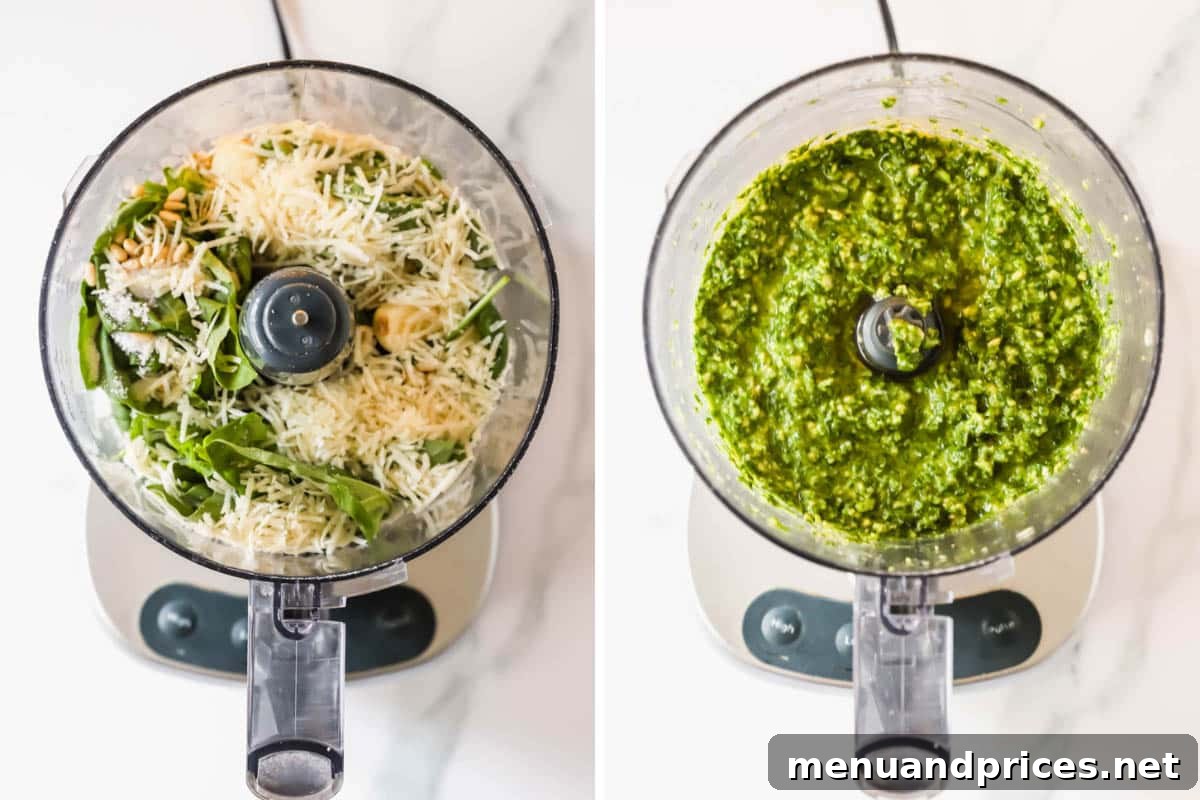 Ingredients for basil pesto in a food processor and the blended pesto in the food processor.