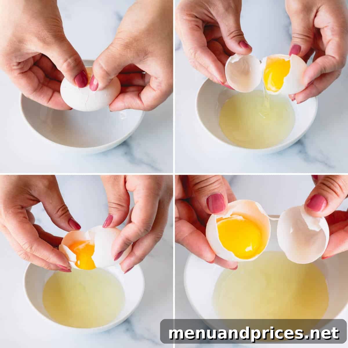 The Secret to Perfect Egg White Separation 3 Four step-by-step images illustrating the shell-to-shell method of separating egg yolks from egg whites, showing the cracking, initial drain, and gentle transfers.