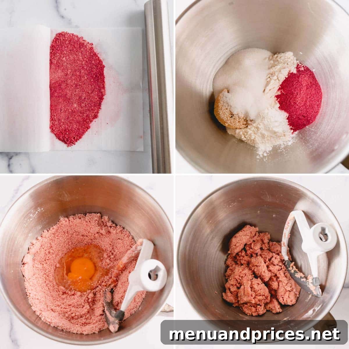 Raspberry Dream Cookies 5 A series of images showing the process of making raspberry sugar cookie dough: crushing raspberries, mixing ingredients, and the resulting dough.