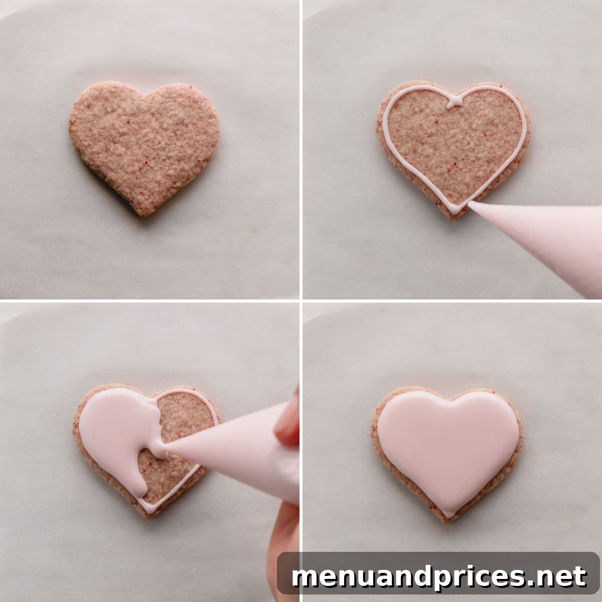 Raspberry Dream Cookies 8 The process of lining and flooding a heart-shaped raspberry sugar cookie with pink royal icing.