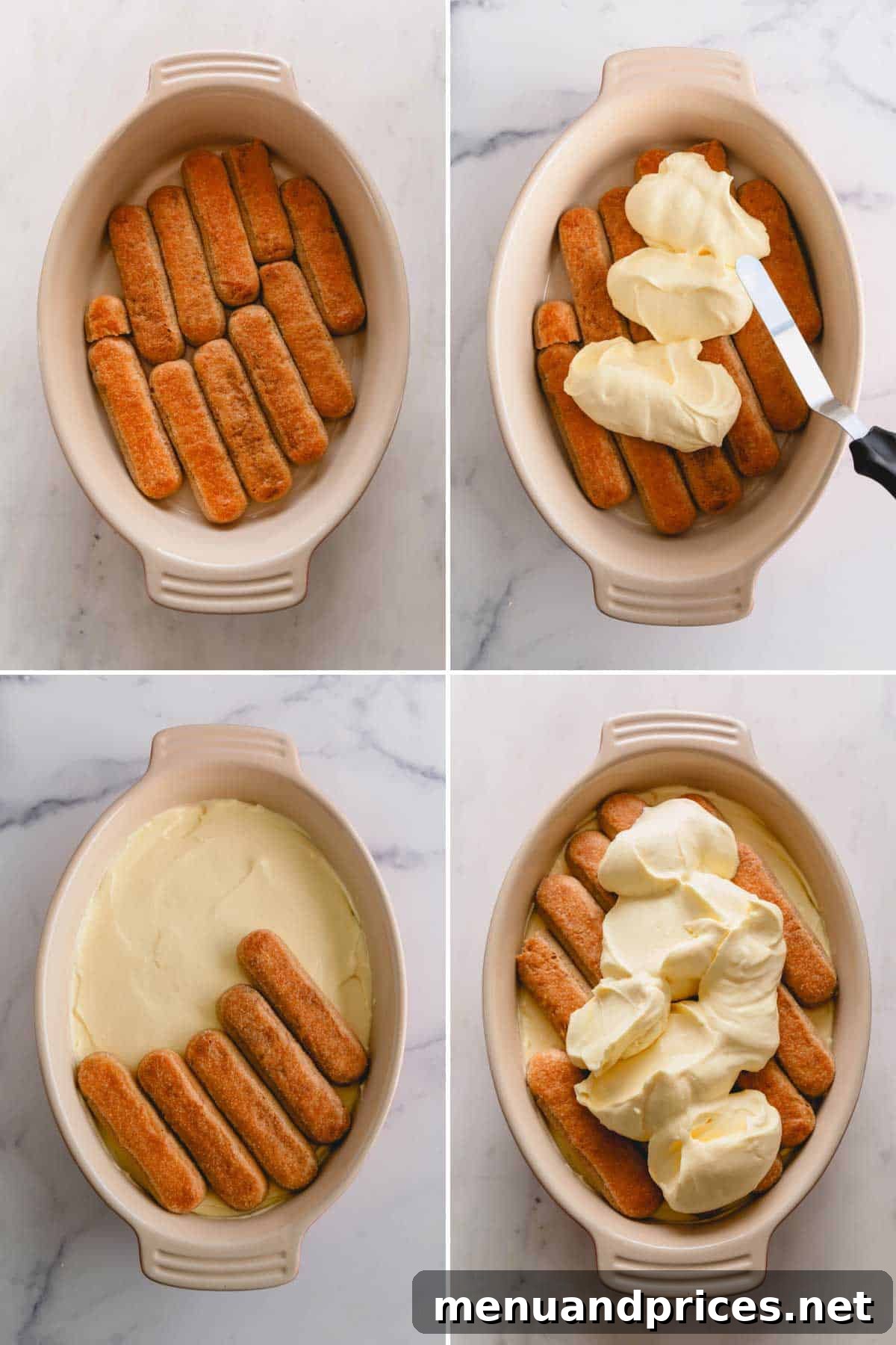 Authentic Italian Tiramisu 11 A four-panel image sequence illustrating the assembly of tiramisu: 1) Soaked ladyfingers arranged in a dish. 2) The first layer of mascarpone cream spread over the ladyfingers. 3) A second layer of soaked ladyfingers being placed. 4) The final layer of mascarpone cream spread smoothly over the top.