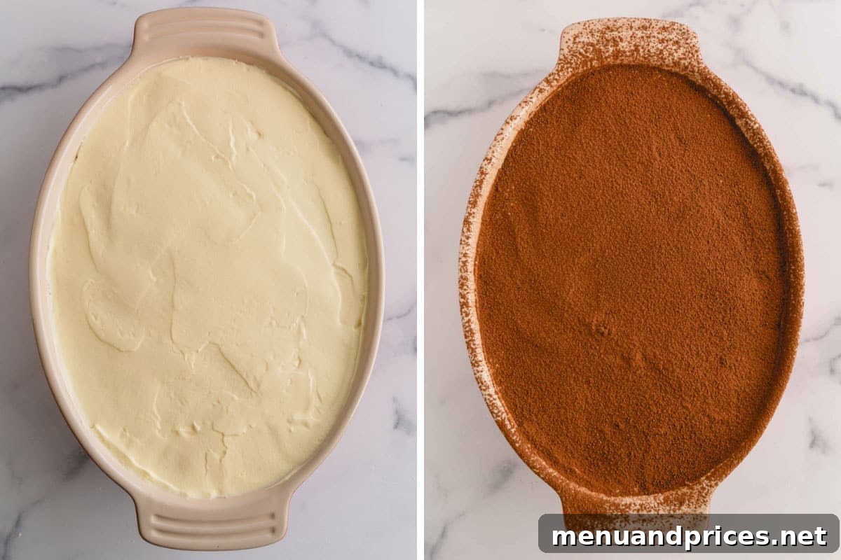 Authentic Italian Tiramisu 12 On the left, an assembled tiramisu is shown with a smooth, light-colored mascarpone top. On the right, the same tiramisu is elegantly dusted with a generous layer of rich cocoa powder, ready for chilling and serving.