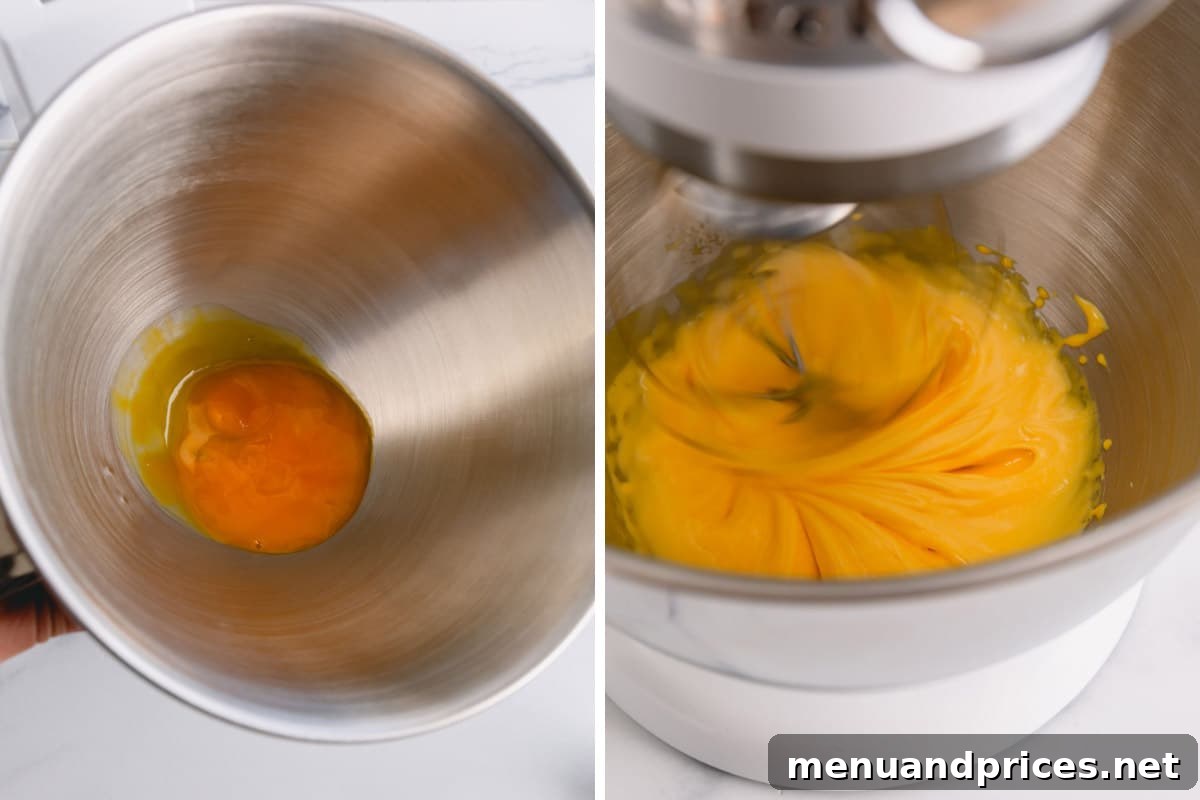 Authentic Italian Tiramisu 6 On the left, vibrant yellow egg yolks sit in a mixing bowl. On the right, the same egg yolks have been beaten to a pale yellow, fluffy consistency, ready for the next step of the tiramisu filling.