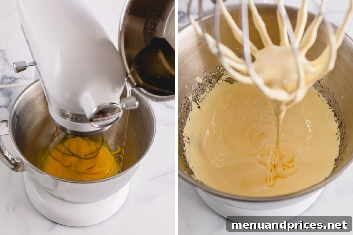 Authentic Italian Tiramisu 7 On the left, a mixing bowl with beaten egg yolks; on the right, the egg yolks have been combined with sugar syrup and whipped into a light, airy, and pale tiramisu filling base.