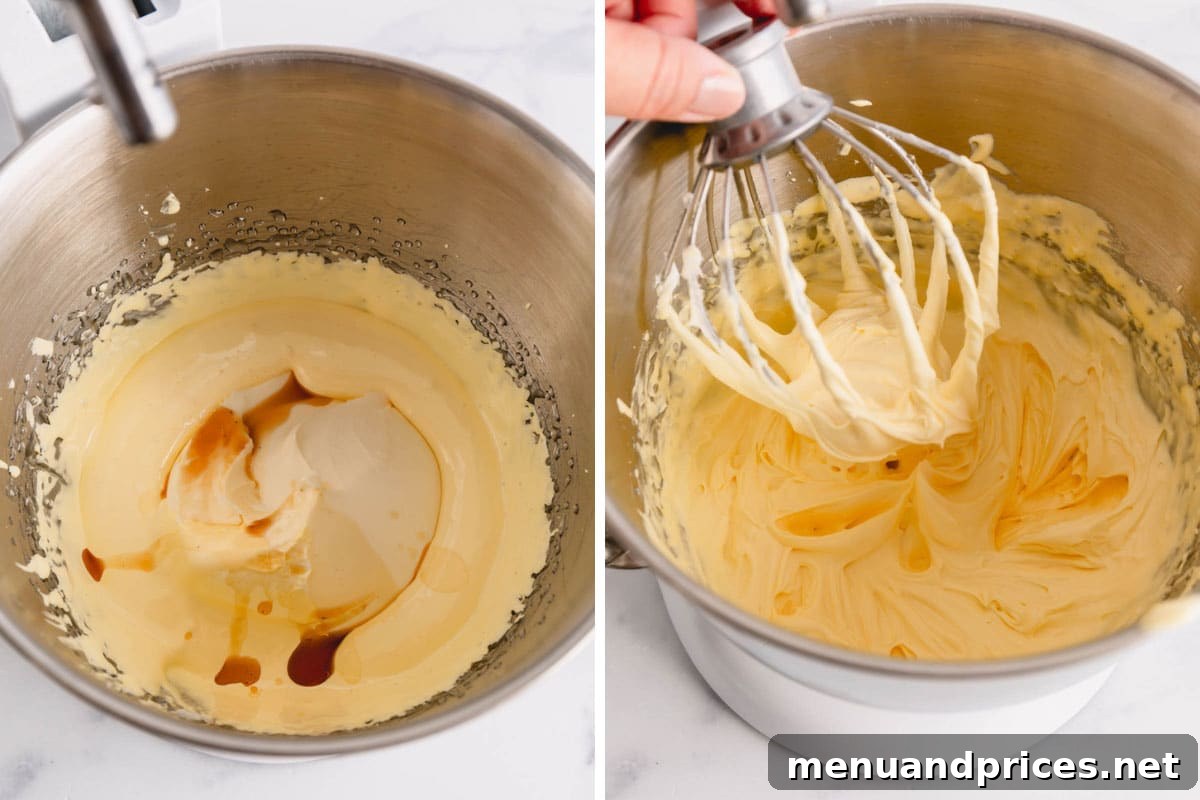 Authentic Italian Tiramisu 8 On the left, vanilla extract is being poured into a bowl containing the mascarpone and egg yolk mixture. On the right, the mixture is shown after being whipped until smooth and combined, forming the rich tiramisu filling.