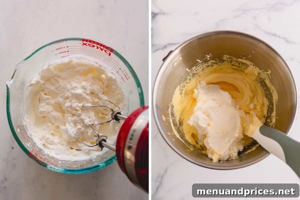Authentic Italian Tiramisu 9 On the left, heavy cream is being whipped in a stand mixer. On the right, the freshly whipped cream is gently folded into the prepared mascarpone filling, combining to create the airy tiramisu cream.