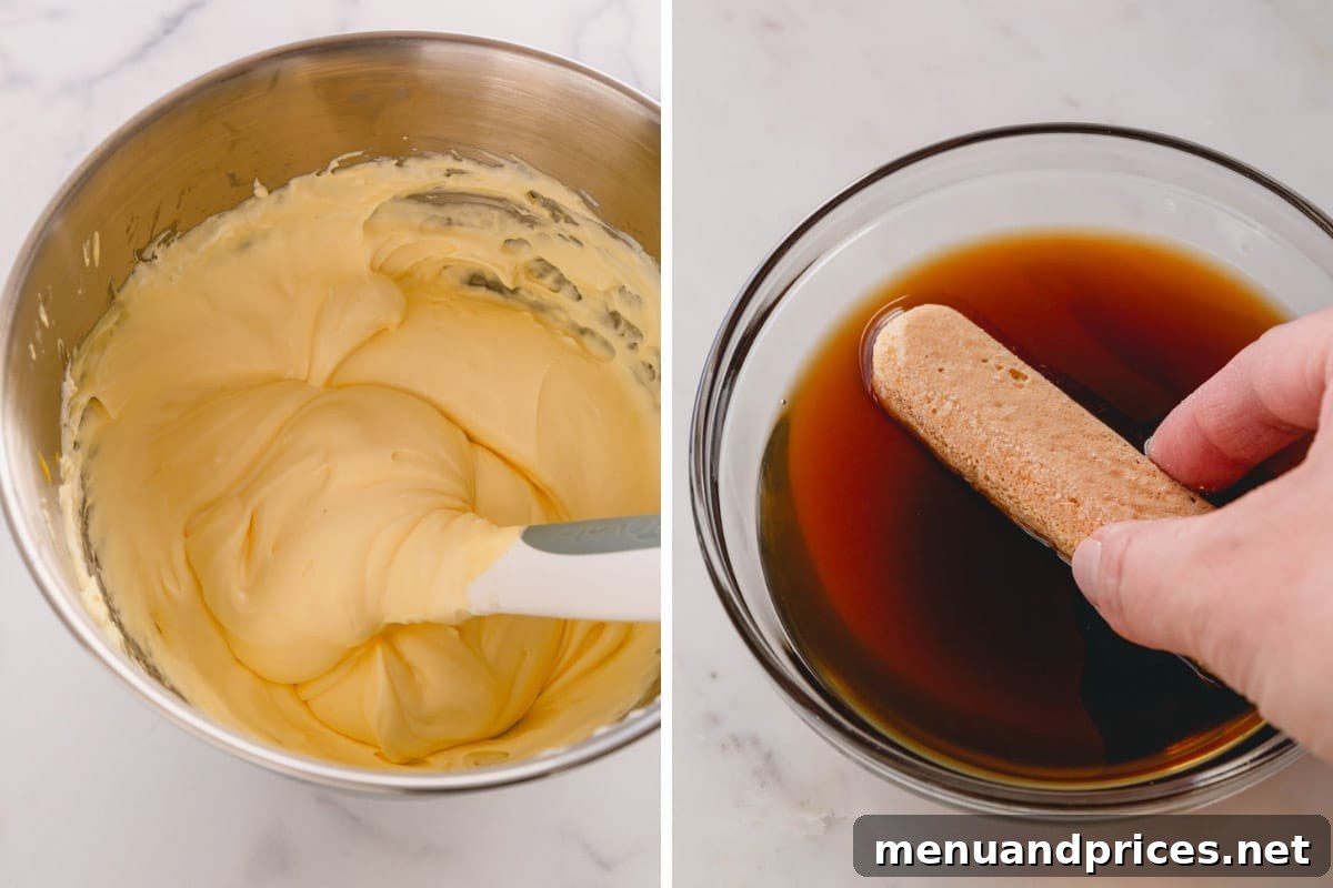 Authentic Italian Tiramisu 10 On the left, a bowl of creamy tiramisu filling and a ladyfinger being dipped into a shallow dish of espresso mixture. On the right, a close-up of a ladyfinger fully saturated with coffee and liqueur, ready for layering.